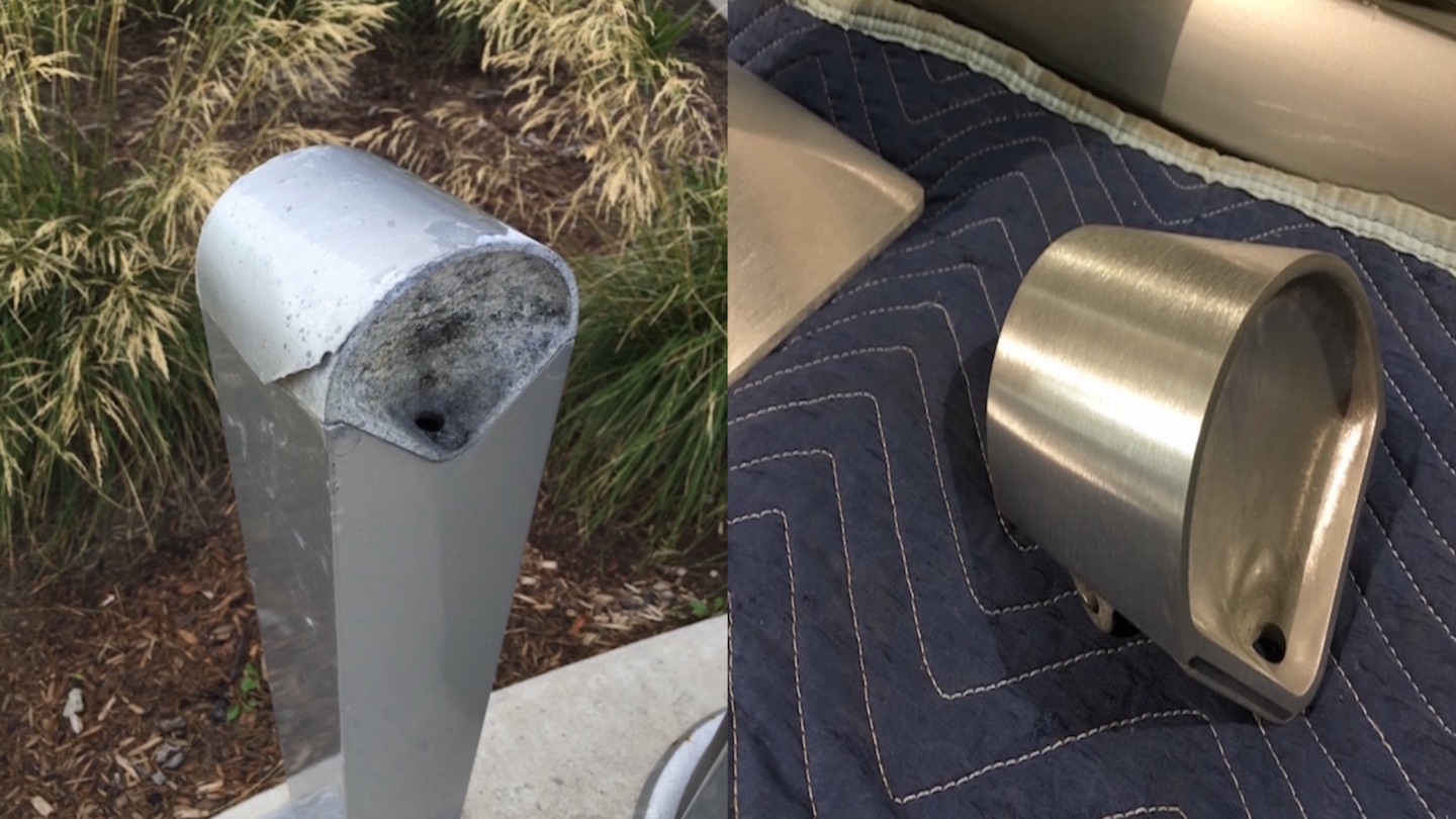 A before and after comparison of a repaired outdoor metal ash tray.
