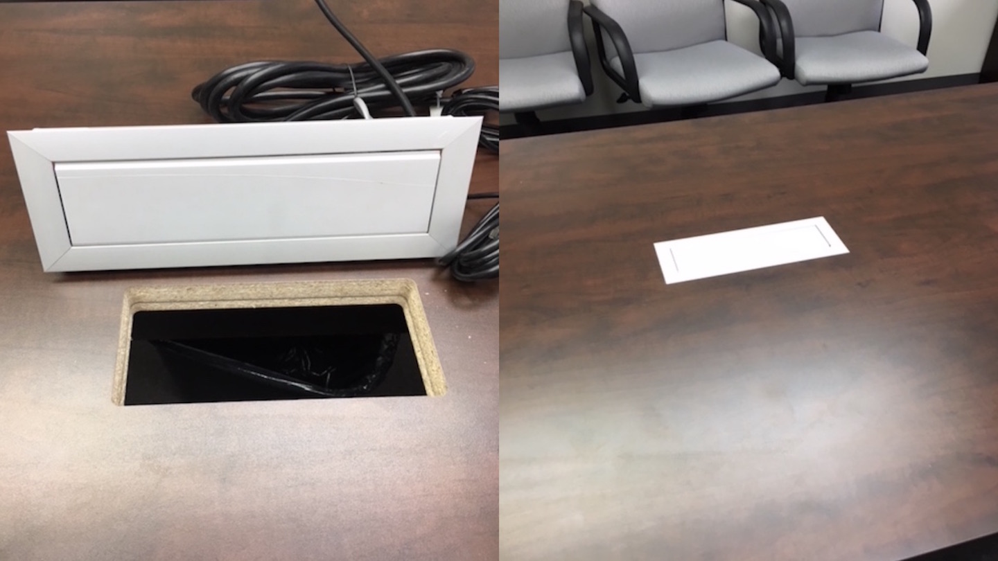 A before and after comparison of a repaired outlet port on a boardroom table.