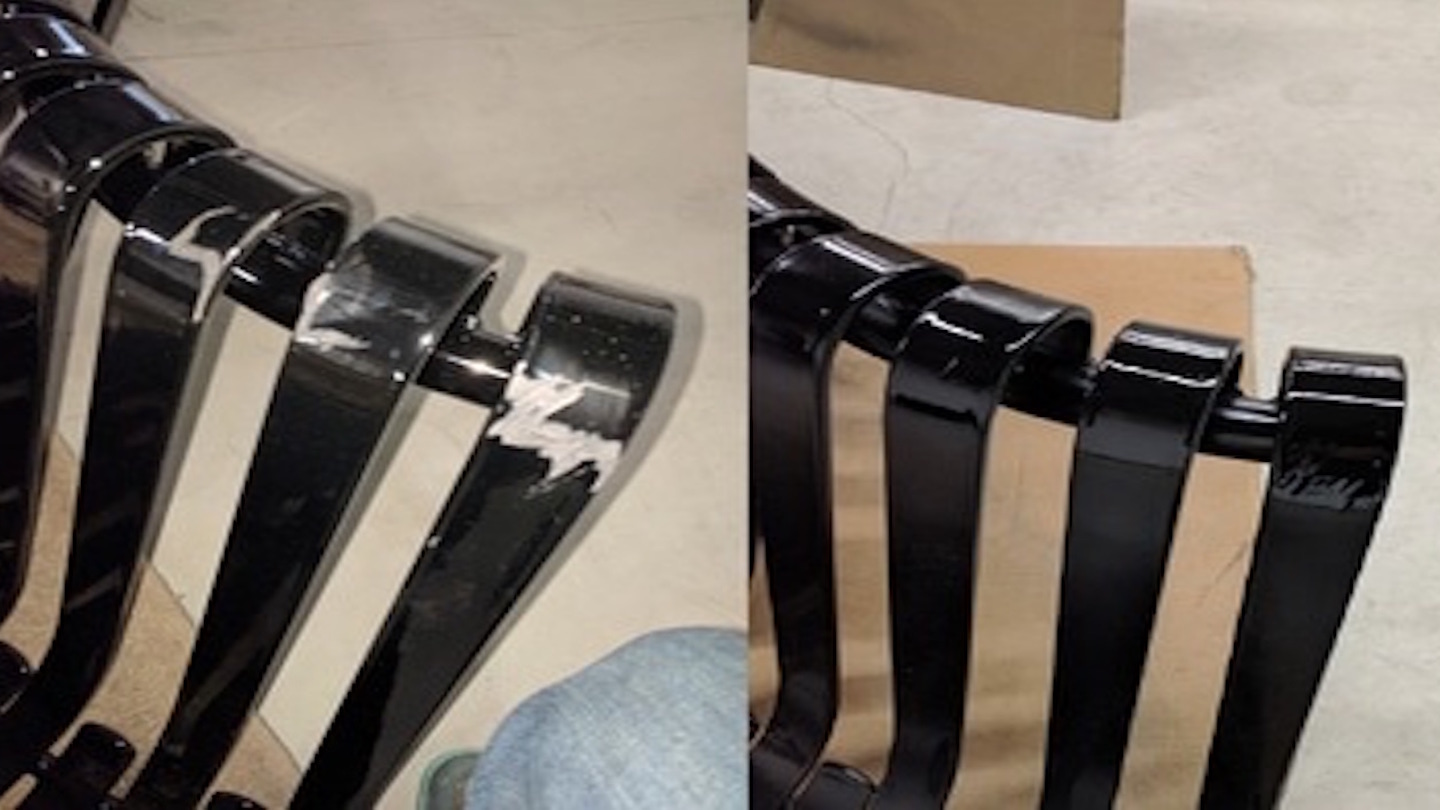 Before and after comparison of a damaged and later refurbished metal bench.