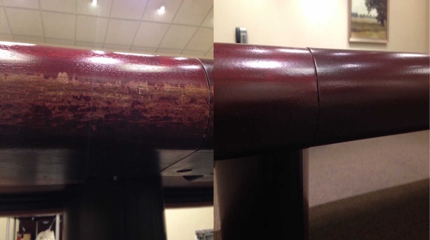 Before and after comparison of a damaged and later refurbished edge of a boardroom table.