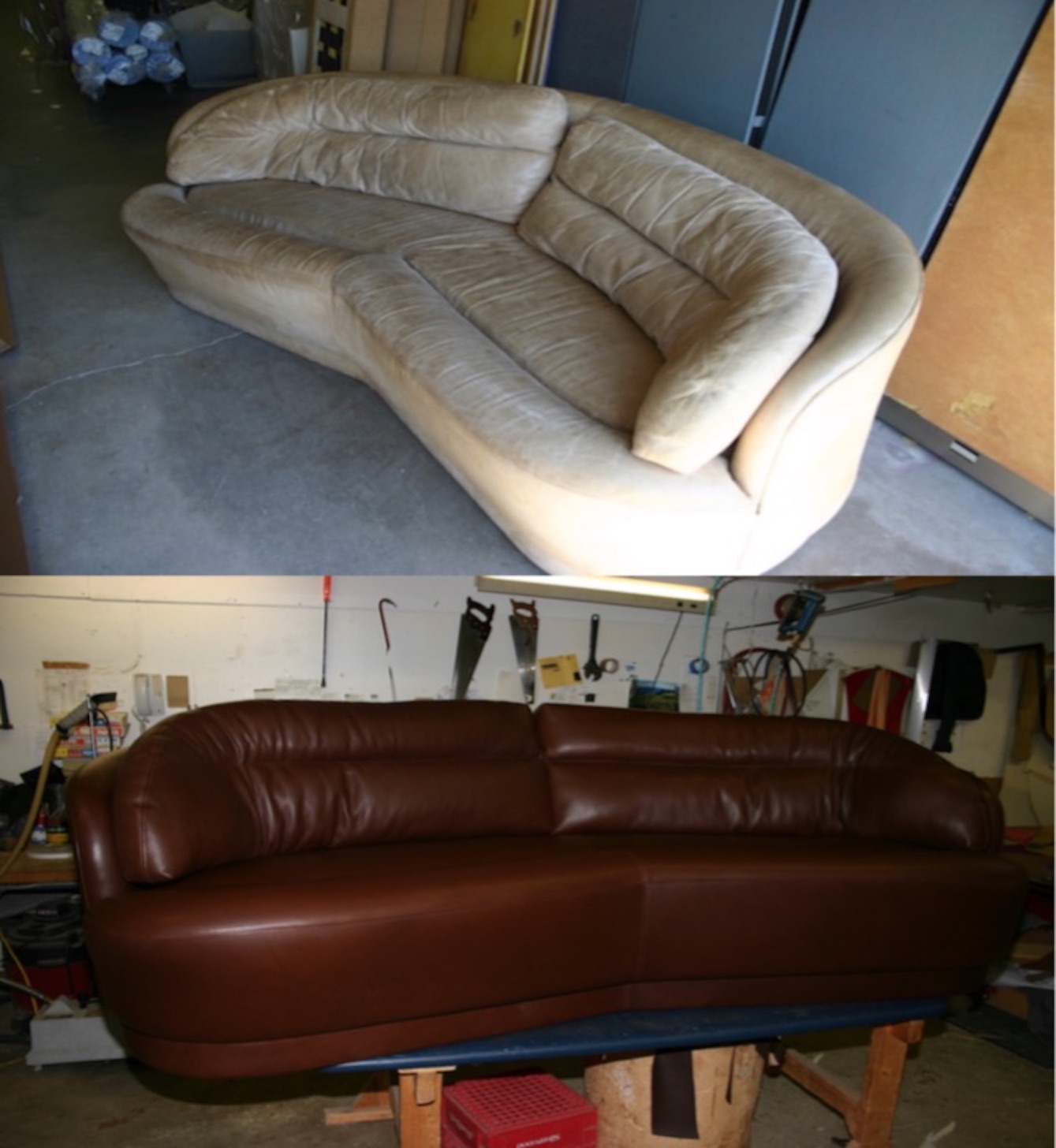 Before and after comparison of an old and later refurbished couch.