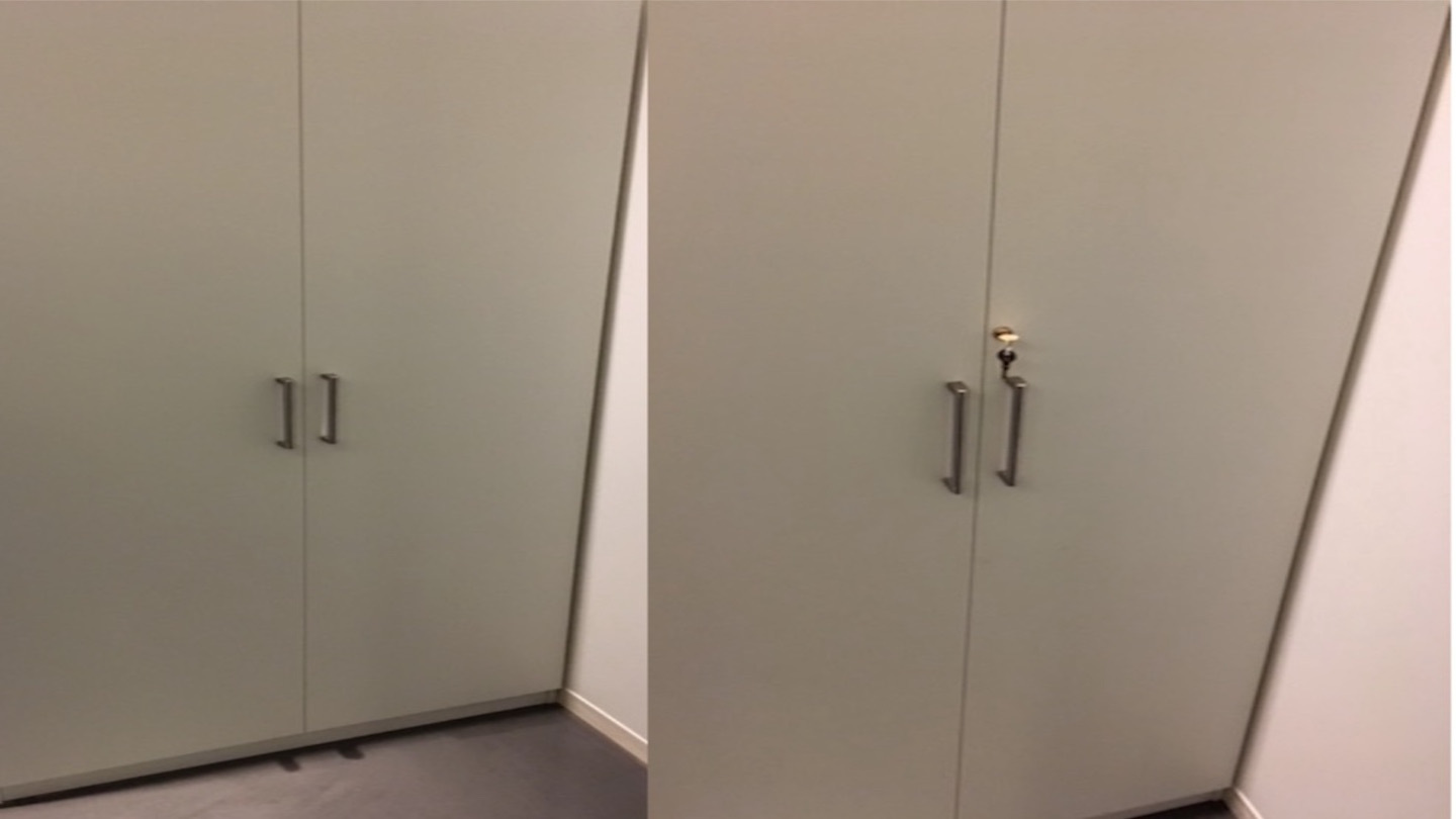 A before and after comparison of a cabinet without and with a custom installed lock and key.